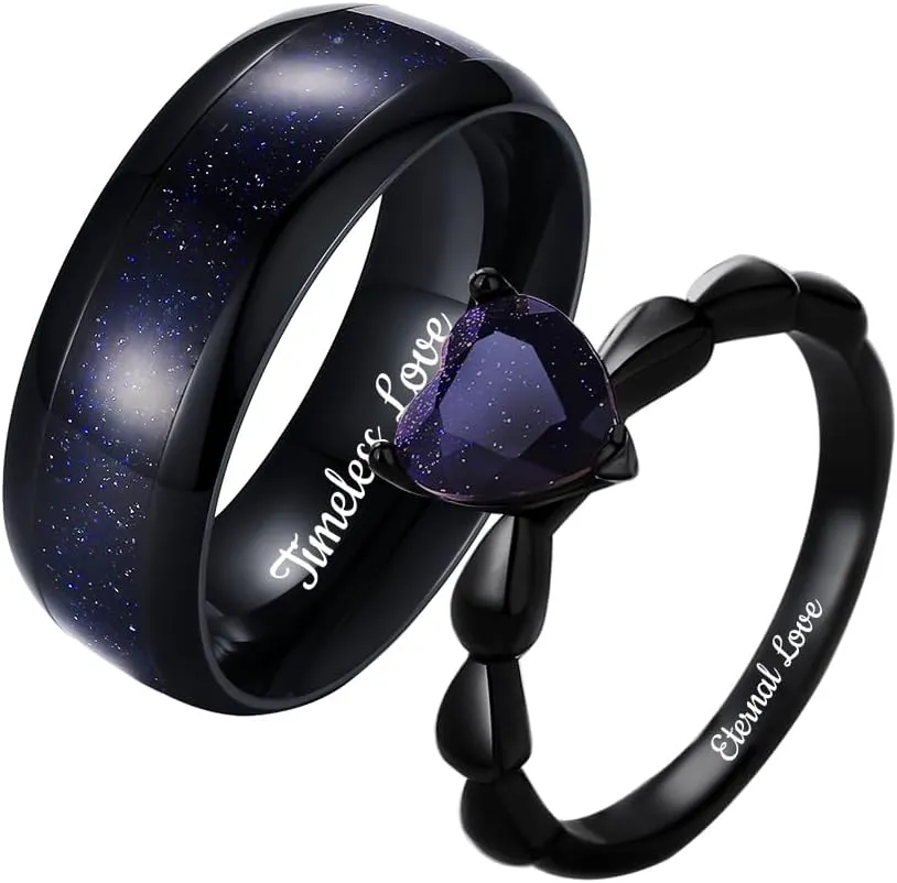Personalized Promise Rings for Women, Custom Black Promise Rings for Her/Him, Engravable Promise Ring for Couples, Engraving Matching Heart Blue Sandstone Rings for Couples, His/Hers Wedding Band