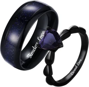 Personalized Promise Rings for Women, Custom Black Promise Rings for Her/Him, Engravable Promise Ring for Couples, Engraving Matching Heart Blue Sandstone Rings for Couples, His/Hers Wedding Band