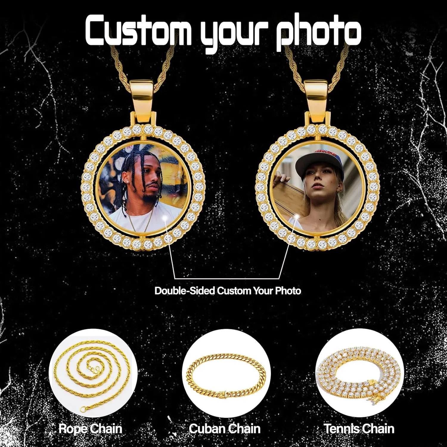 Photo Necklace Customized, Personalized Double Side Picture Pendant, Memorial Hip Hop Chain, Custom Gift for Men Women Boyfriend