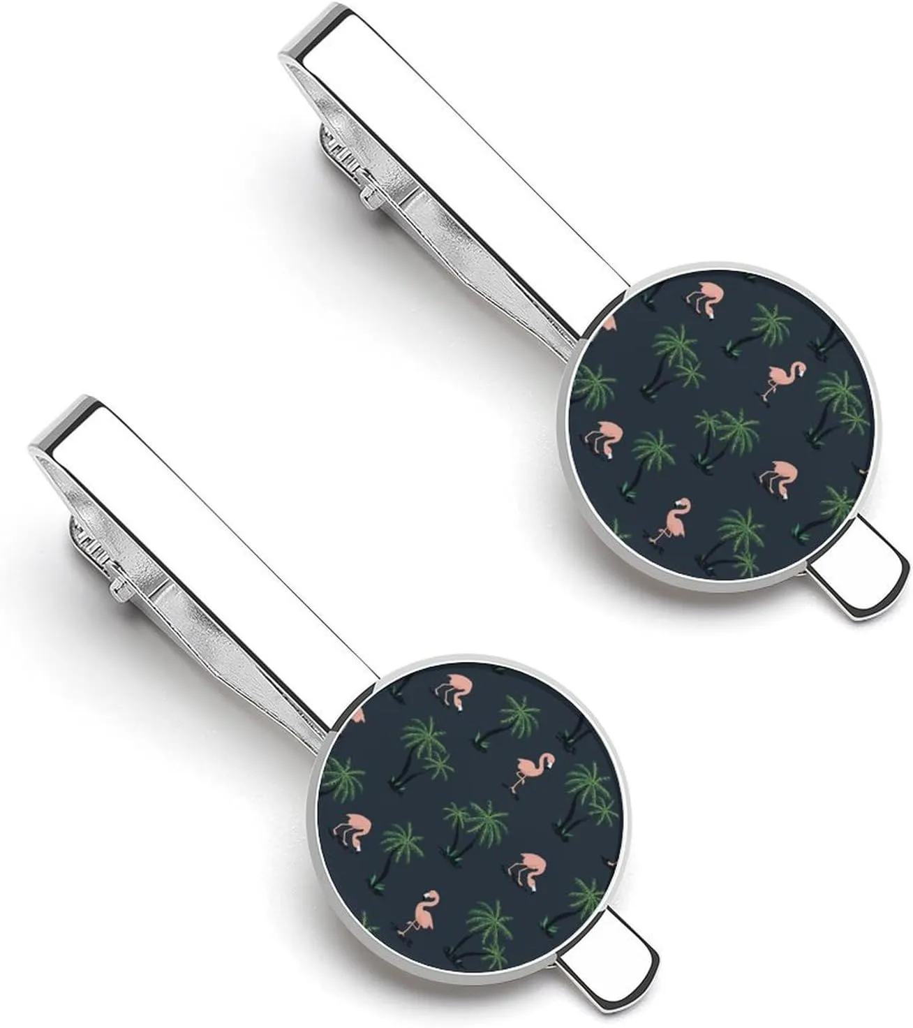 Pink Flamingo Birds And Palm Trees Tie Clips for Men Silver Necktie Tie Bar Pinch Clips for Wedding Anniversary Business