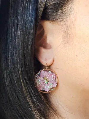 Pink Sparkly Real Pressed Flower Floral Dangling Earrings Handmade in Resin Gold Round Frame for Women and Girls Perfect Gift for Her