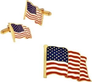 PinMart's Gold Made in the USA American Flag Enamel Lapel Pin and Cufflink Patriotic 2 Pc Bundle Set