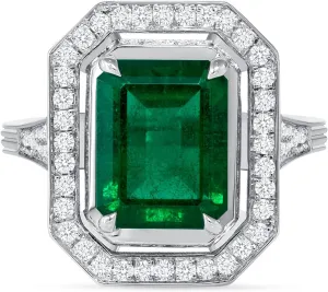 Platinum Statement Ring With 2.80 Carat Emerald (Green Color, Eye Clean) and 0.33ct. Brilliant Shape Diamond Side Stones (G Color, VS ) 3.13 TCW, Fine Jewelry For Women, Rings For Women, Gift For Her