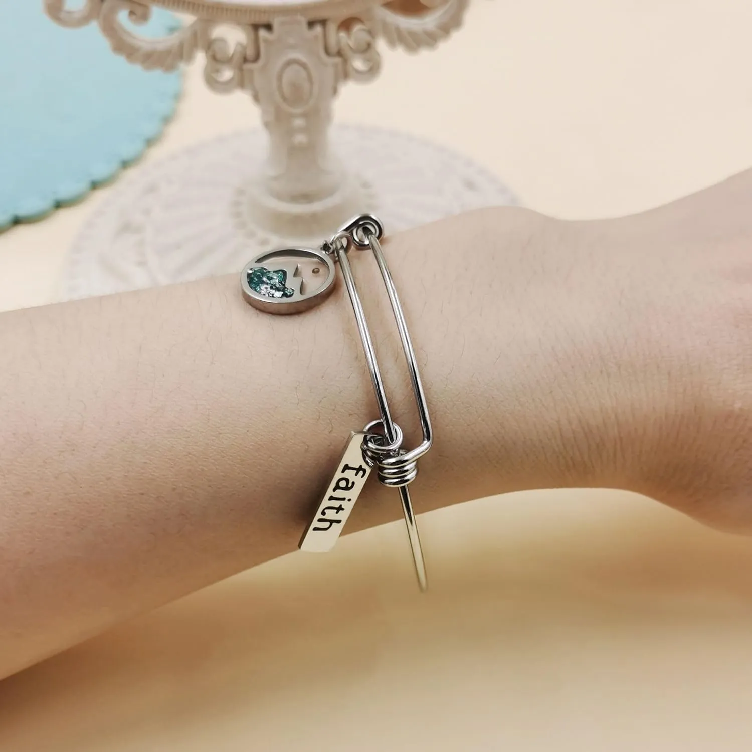 Platinum/Gold Plated Stainless Steel Adjustable Bangle Bracelets with Mustard Seed Pendant and Faith Tag - Inspirational Christian Jewelry for Women YA4995