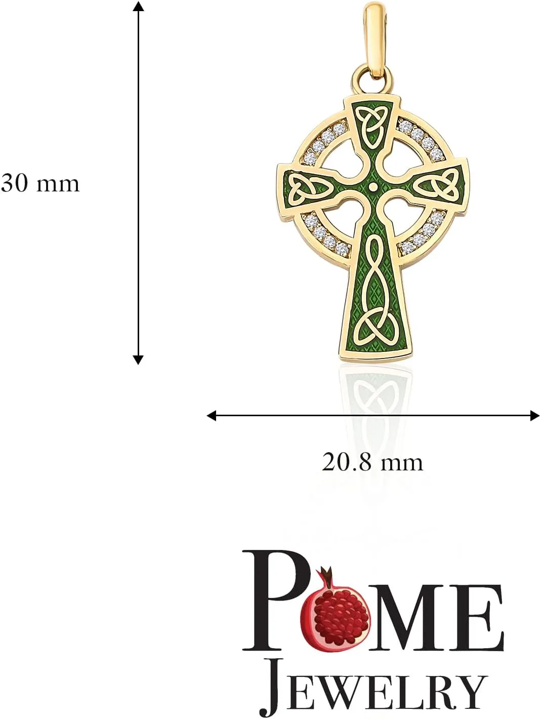 Pome Celtic Cross Pendant Necklace in Solid 14k Gold with Diamonds, Green Enamel, Made in America