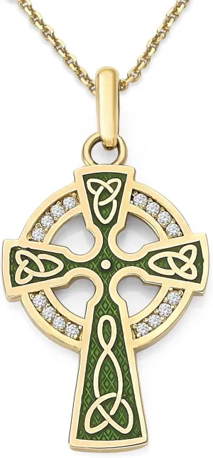 Pome Celtic Cross Pendant Necklace in Solid 14k Gold with Diamonds, Green Enamel, Made in America