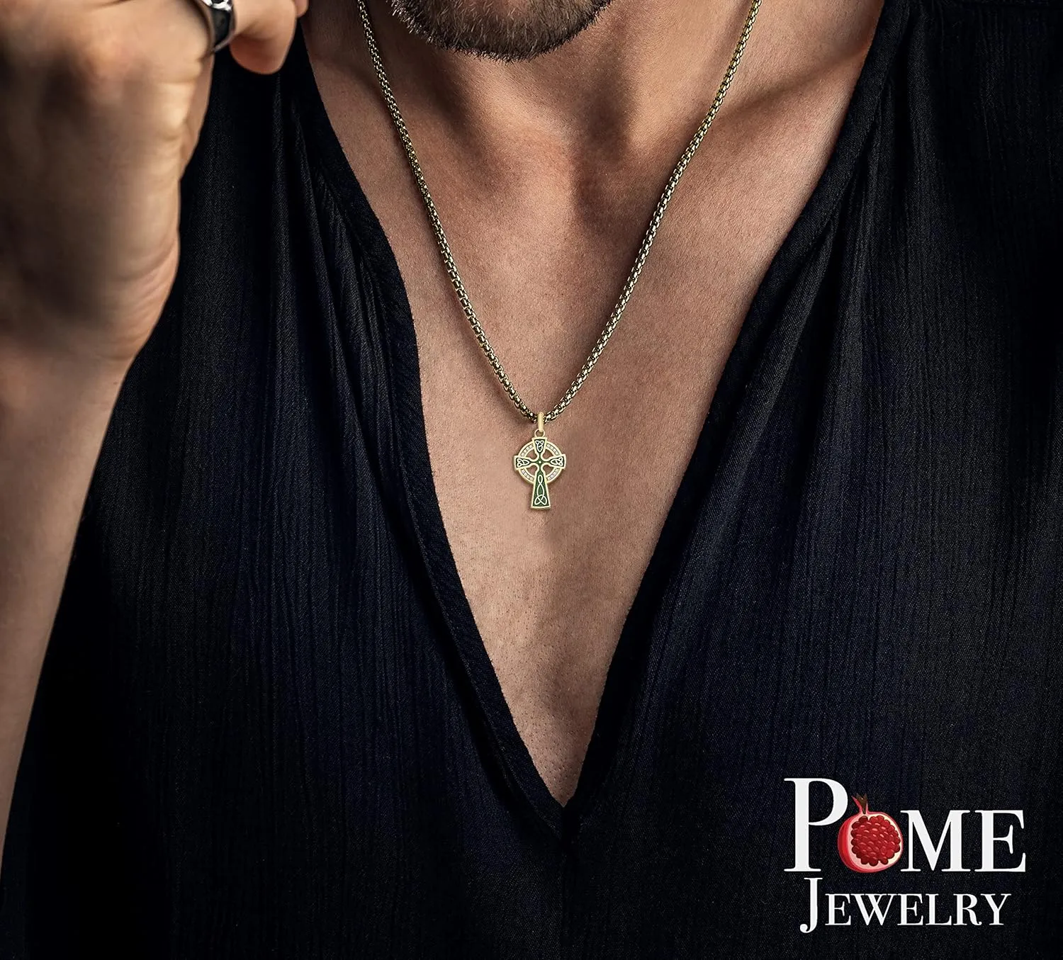 Pome Celtic Cross Pendant Necklace in Solid 14k Gold with Diamonds, Green Enamel, Made in America