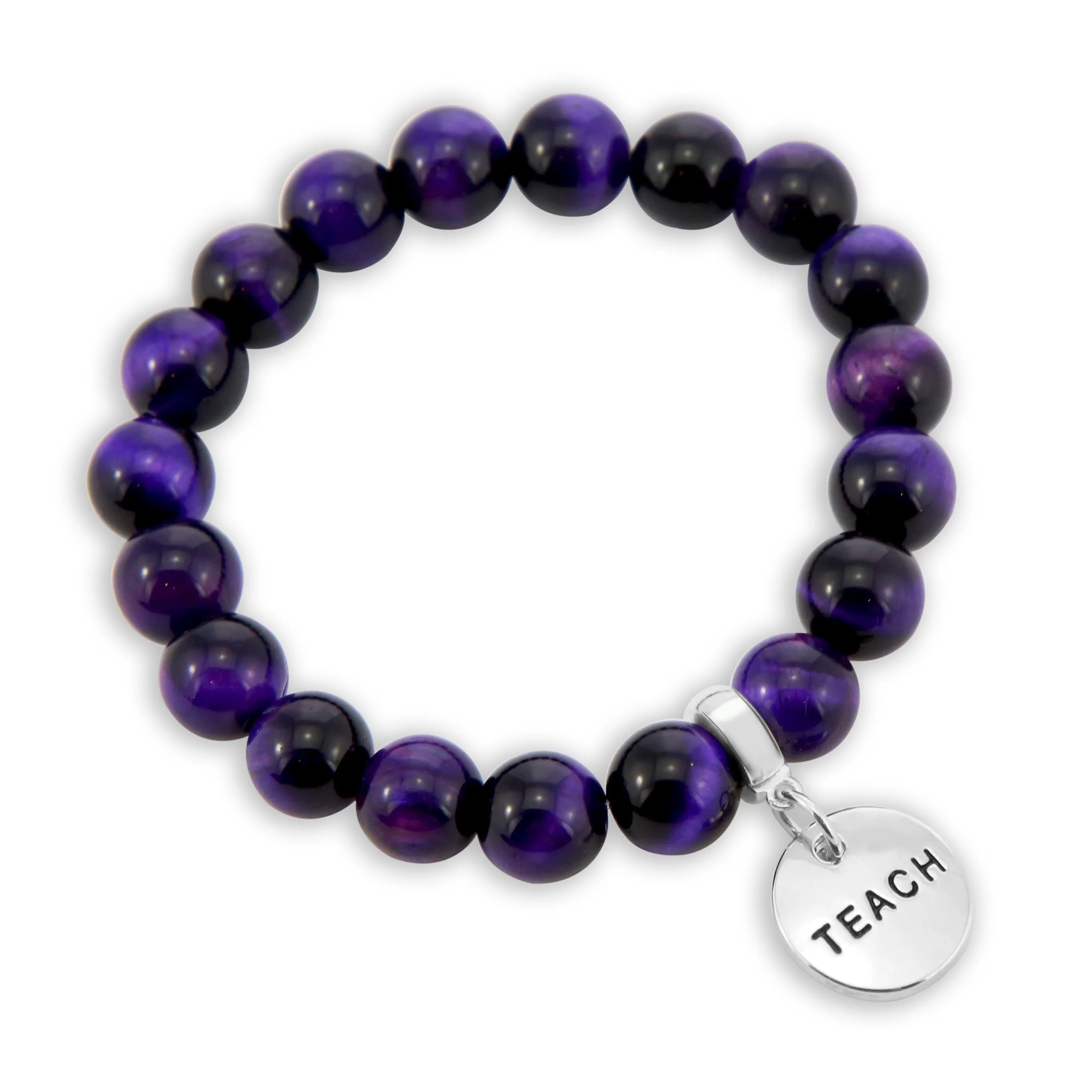Precious Stone Bracelets - Deep Purple Tigers Eye 10mm Beads - with Silver Word Charms