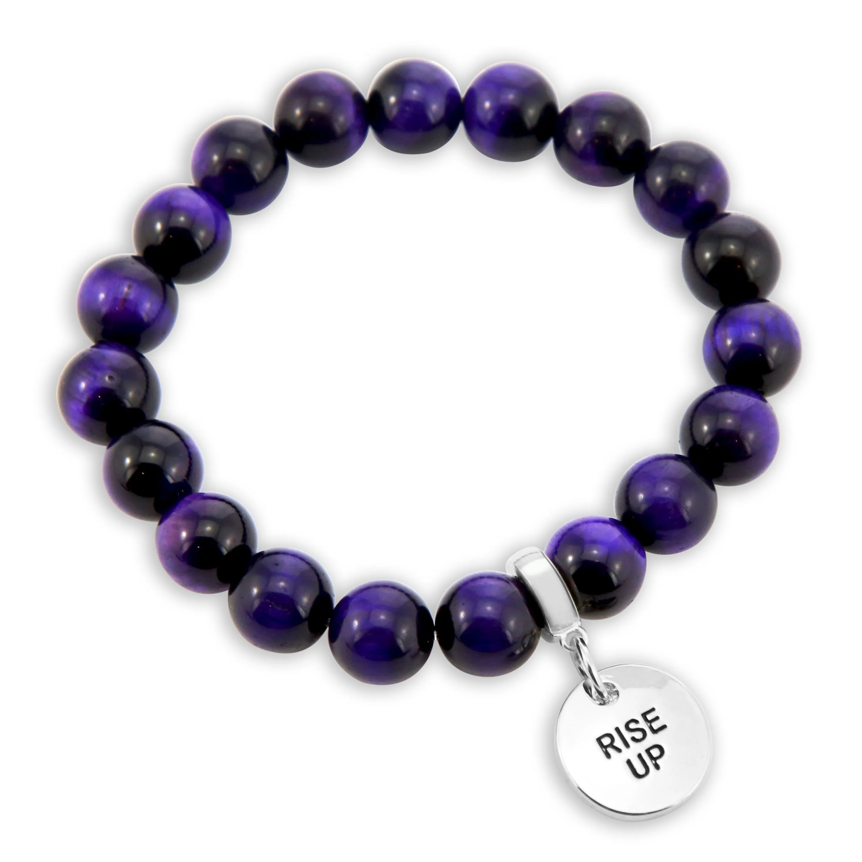 Precious Stone Bracelets - Deep Purple Tigers Eye 10mm Beads - with Silver Word Charms
