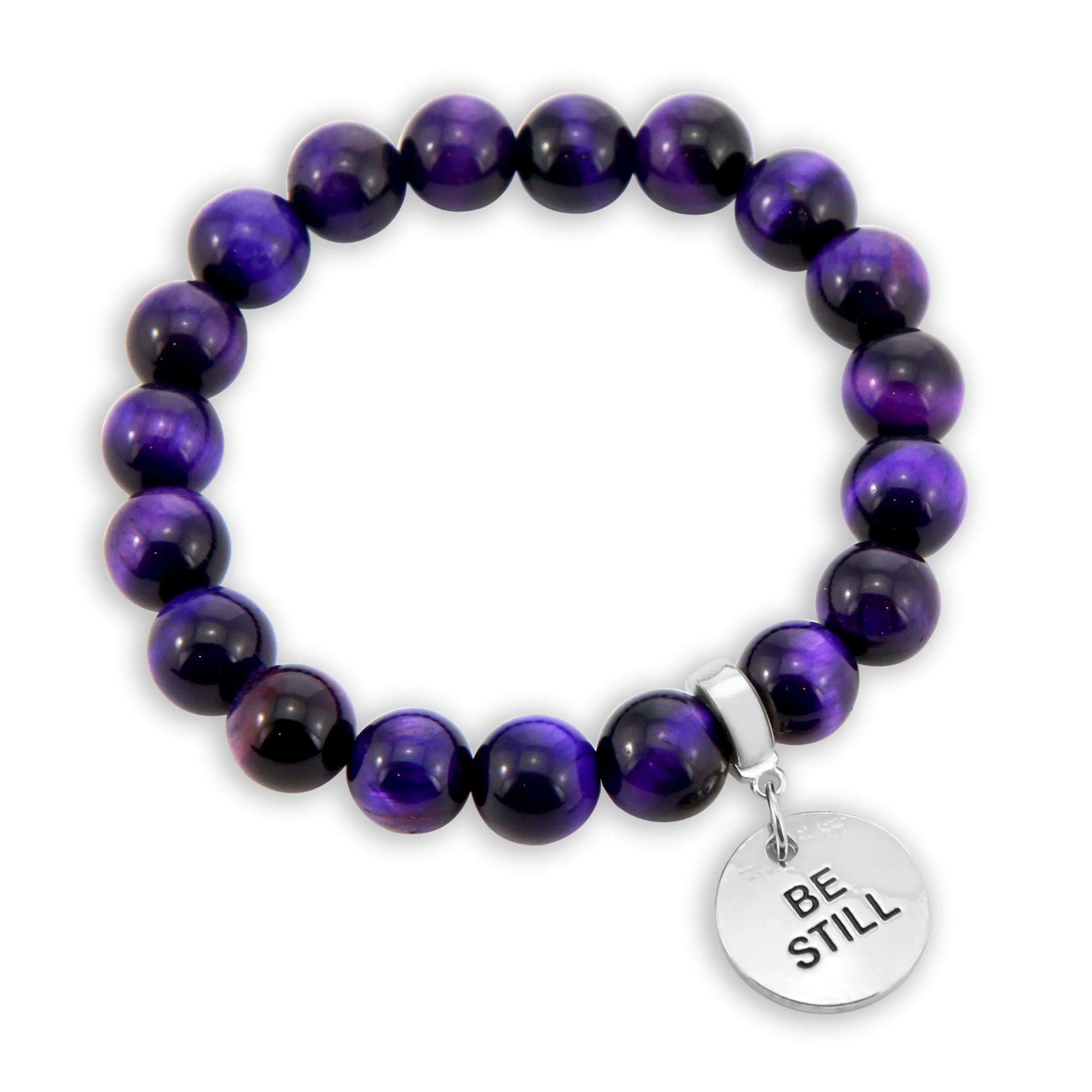 Precious Stone Bracelets - Deep Purple Tigers Eye 10mm Beads - with Silver Word Charms