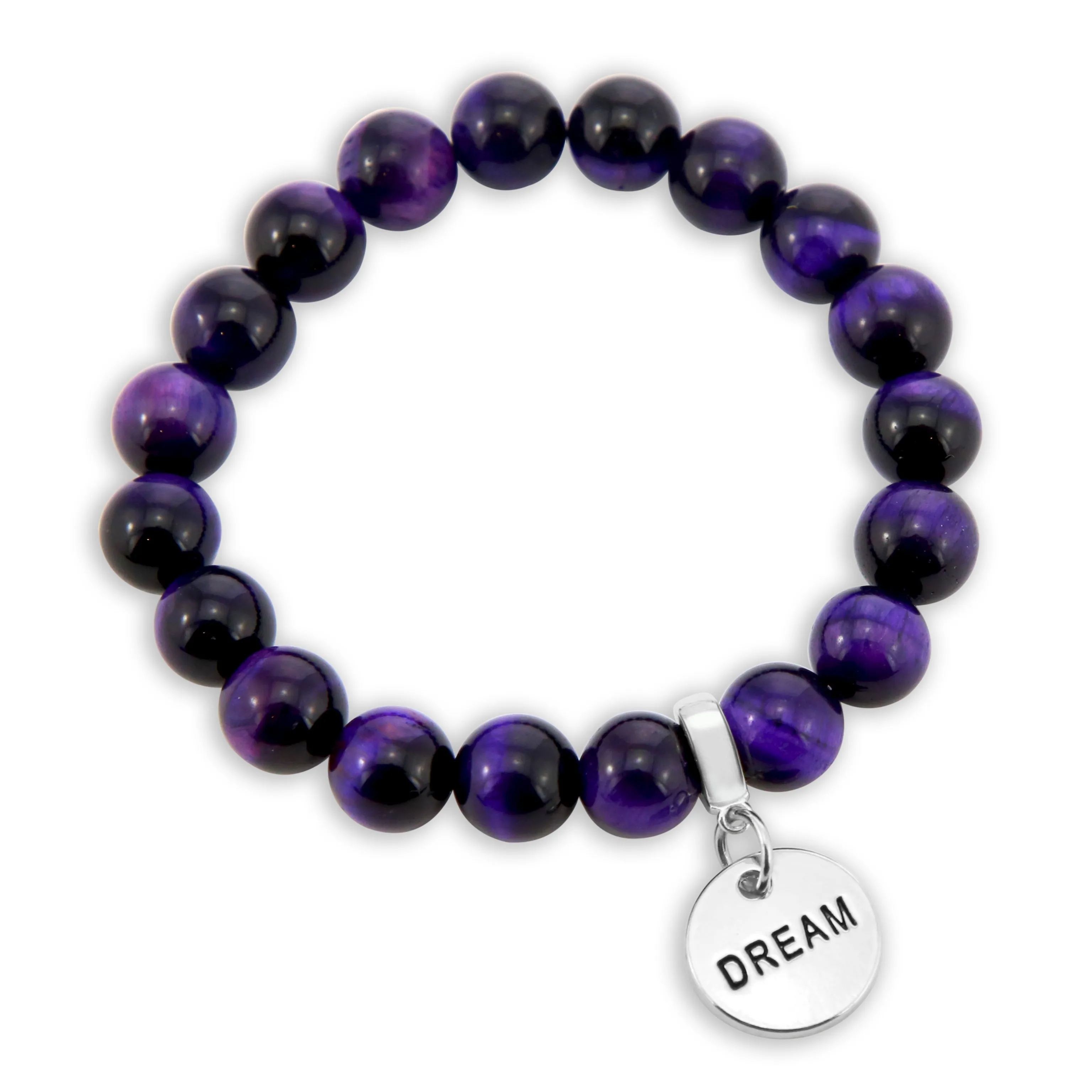 Precious Stone Bracelets - Deep Purple Tigers Eye 10mm Beads - with Silver Word Charms