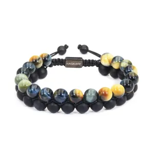 Premium Tiger Eye Bracelet Gifts for Men, HASKARE Energy Protection Crystals Blue Tiger Eye Black Onyx Double Handcrafted Mens Bead Bracelet, Drawstring Beaded Bracelet Natural Stone Bracelets for Man