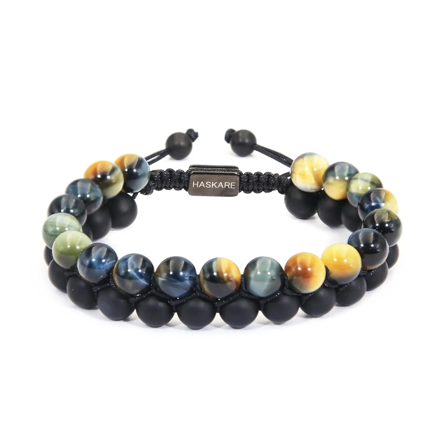Premium Tiger Eye Bracelet Gifts for Men, HASKARE Energy Protection Crystals Blue Tiger Eye Black Onyx Double Handcrafted Mens Bead Bracelet, Drawstring Beaded Bracelet Natural Stone Bracelets for Man
