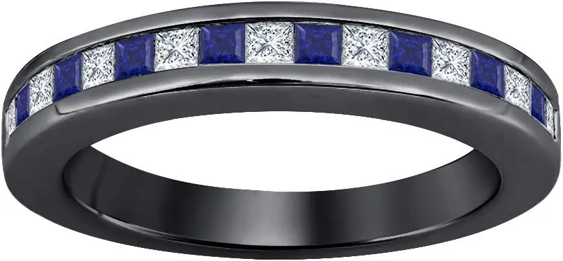 Princess Cut Gemstone Half Eternity 14k Black Gold Plated Wedding Band Ring for Women