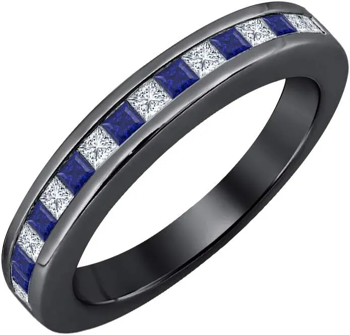 Princess Cut Gemstone Half Eternity 14k Black Gold Plated Wedding Band Ring for Women