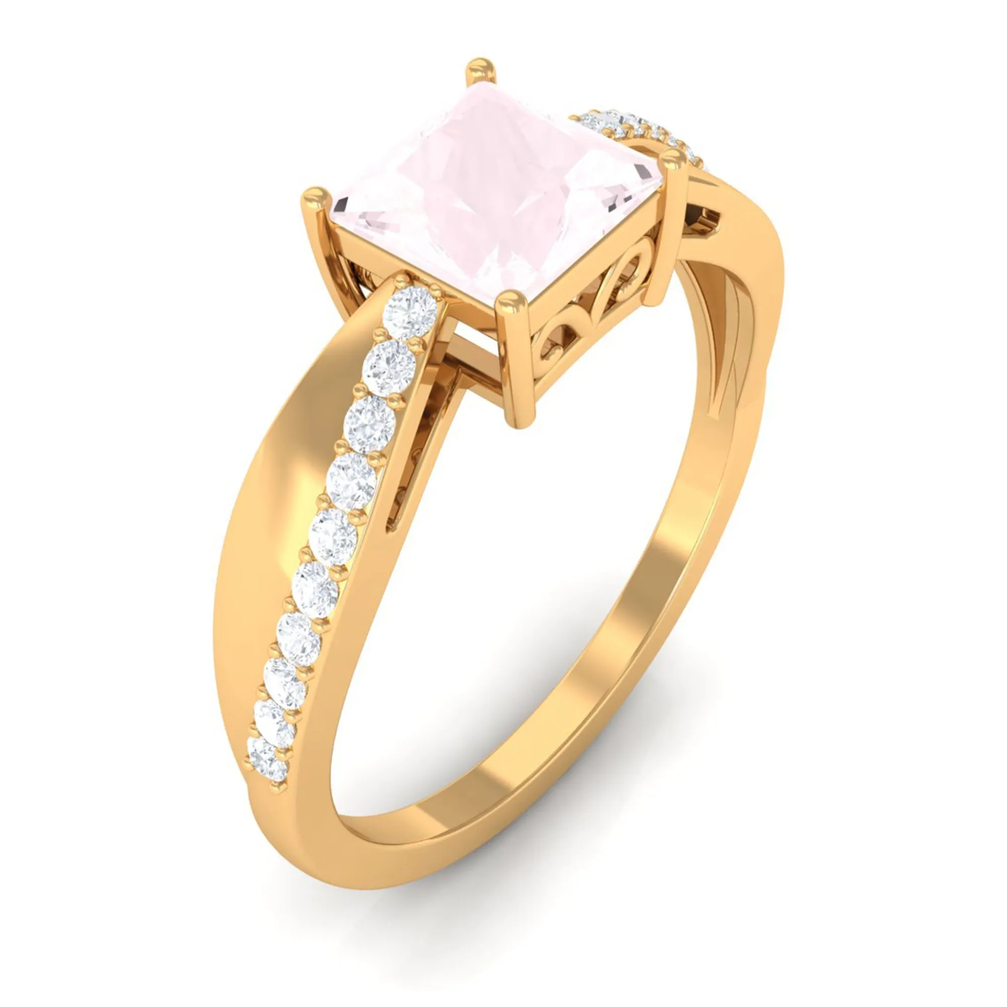 Princess Cut Rose Quartz Solitaire Engagement Ring with Diamond