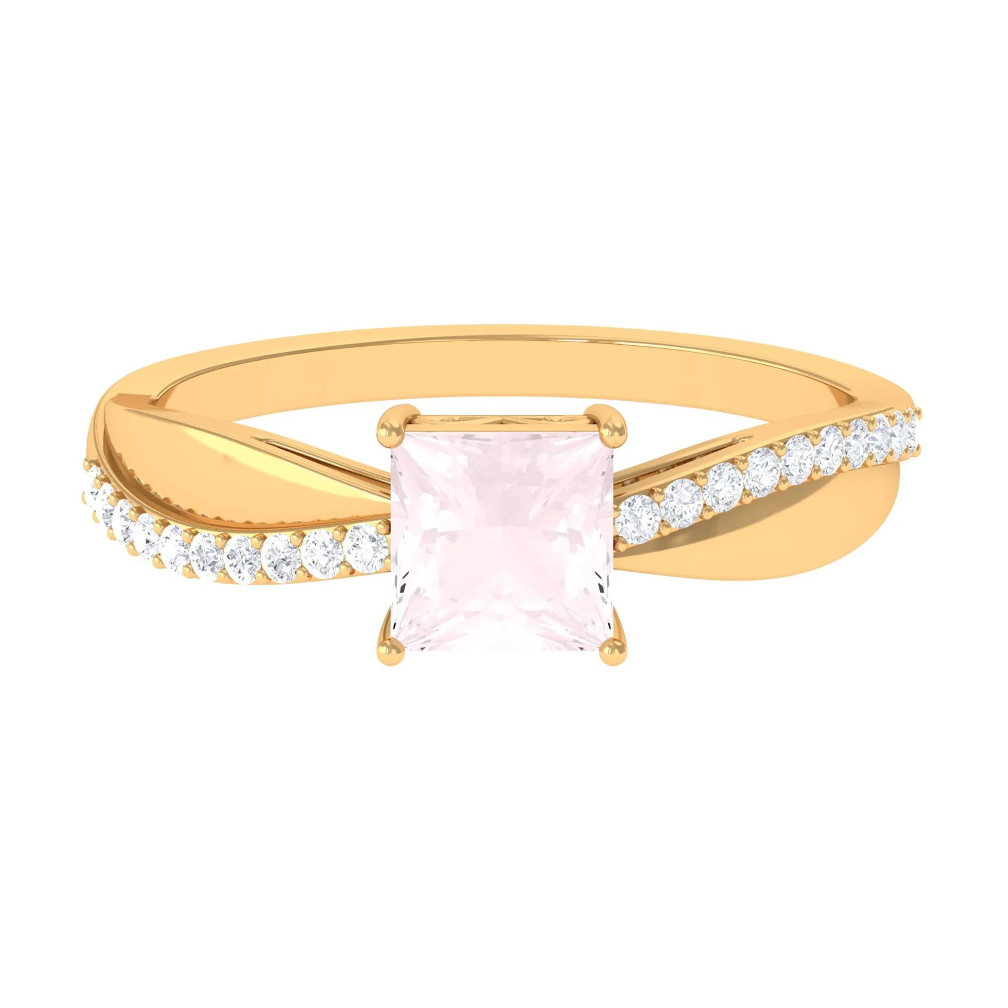 Princess Cut Rose Quartz Solitaire Engagement Ring with Diamond