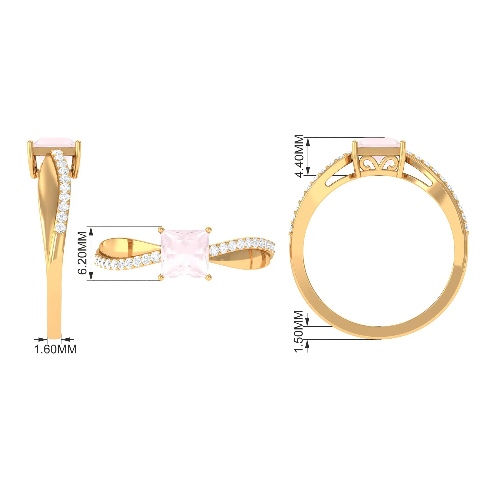 Princess Cut Rose Quartz Solitaire Engagement Ring with Diamond