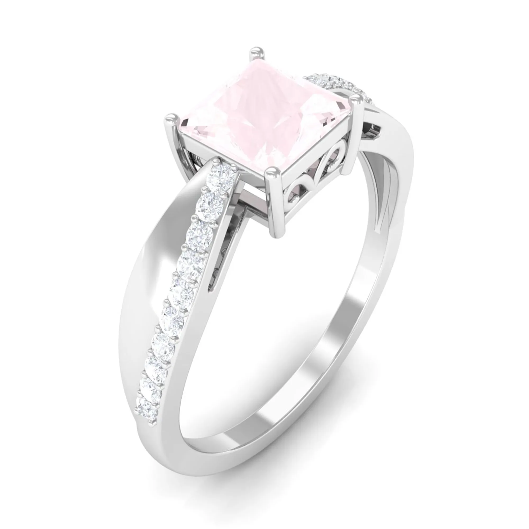 Princess Cut Rose Quartz Solitaire Engagement Ring with Diamond
