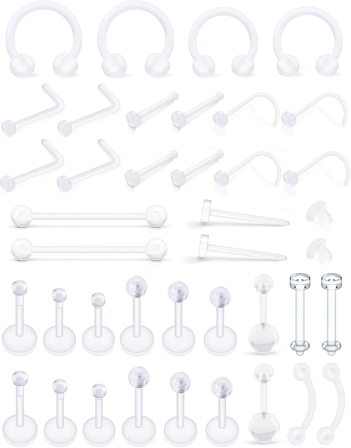 Prjndjw Clear Piercing Retainers for Sports Set Silicone Plastic Nose Rings tragus conch cartilage Earrings Horseshoe Ring Monroe Medusa Lip Rings Stud Labret Piercing Jewelry for Work Surgery