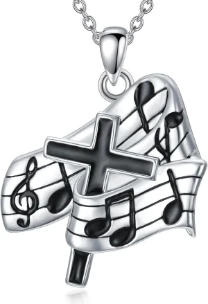 PROESS Cross Necklace for Women Men 925 Sterling Silver Music Note Pendant Necklace Religious Christian Jewelry