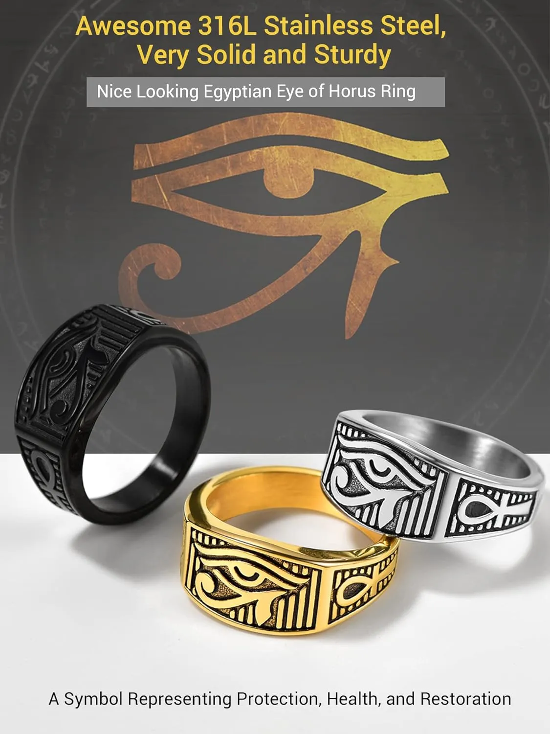 PROSTEEL Vintage Eye Of Horus Rings, Gold Plated/Black Stainless Steel Ankh Ring, Ancient Egyptians Symbol Amulet Protection Jewelry, #7-#14, Come with Box