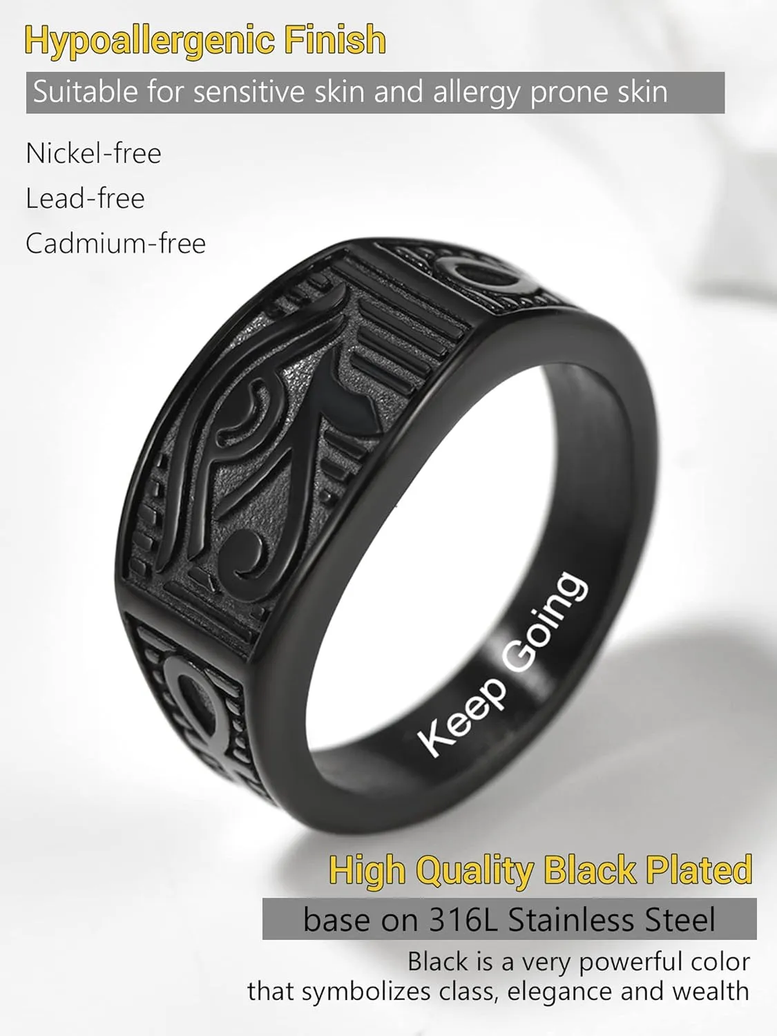 PROSTEEL Vintage Eye Of Horus Rings, Gold Plated/Black Stainless Steel Ankh Ring, Ancient Egyptians Symbol Amulet Protection Jewelry, #7-#14, Come with Box