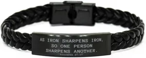 Proverbs 27:17, As Iron Sharpens Iron, Bible Verse Bracelets, Braided Leather Bracelet, Engraved Message, Inspirational Jewelry, Christian Gift, Birthday Gifts