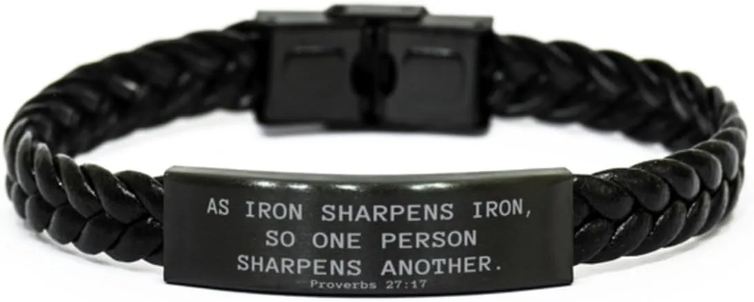 Proverbs 27:17, As Iron Sharpens Iron, Bible Verse Bracelets, Braided Leather Bracelet, Engraved Message, Inspirational Jewelry, Christian Gift, Birthday Gifts