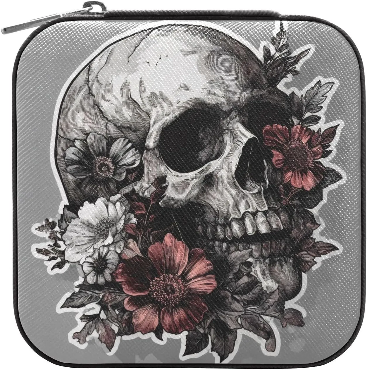Qilmy Beautiful Flower Skull Jewelry Box for Women Girls, Portable PU Leather Mini Jewelry Travel Case for Ring, Earring, Necklace, BraceletBlack