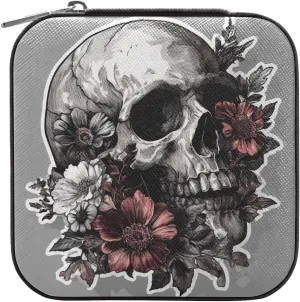 Qilmy Beautiful Flower Skull Jewelry Box for Women Girls, Portable PU Leather Mini Jewelry Travel Case for Ring, Earring, Necklace, BraceletBlack