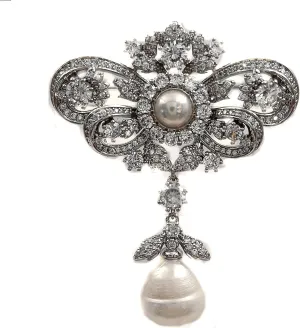 Queen Vintage Silver Tone Double Ribbon Bow & Imitated Baroque Pearl Drop Brooch Pin Edwardian Wedding Accessory