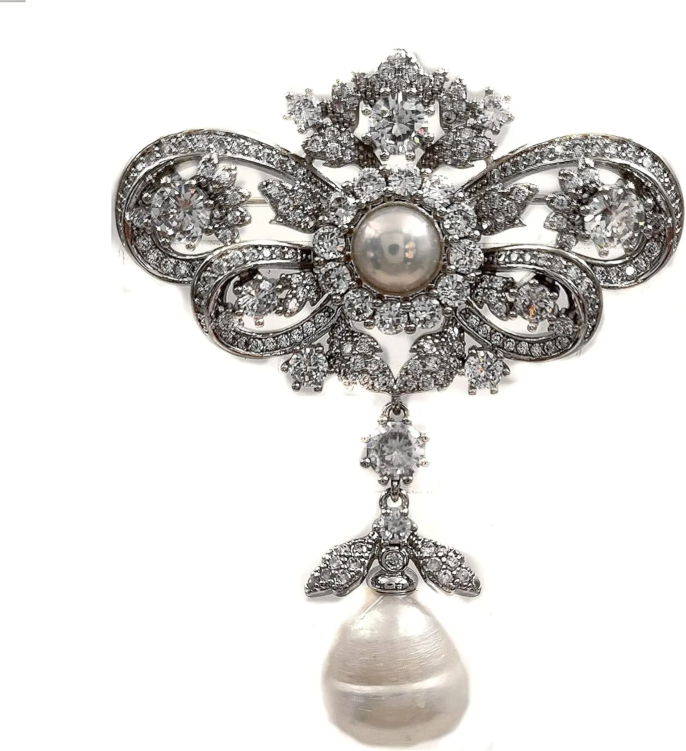 Queen Vintage Silver Tone Double Ribbon Bow & Imitated Baroque Pearl Drop Brooch Pin Edwardian Wedding Accessory