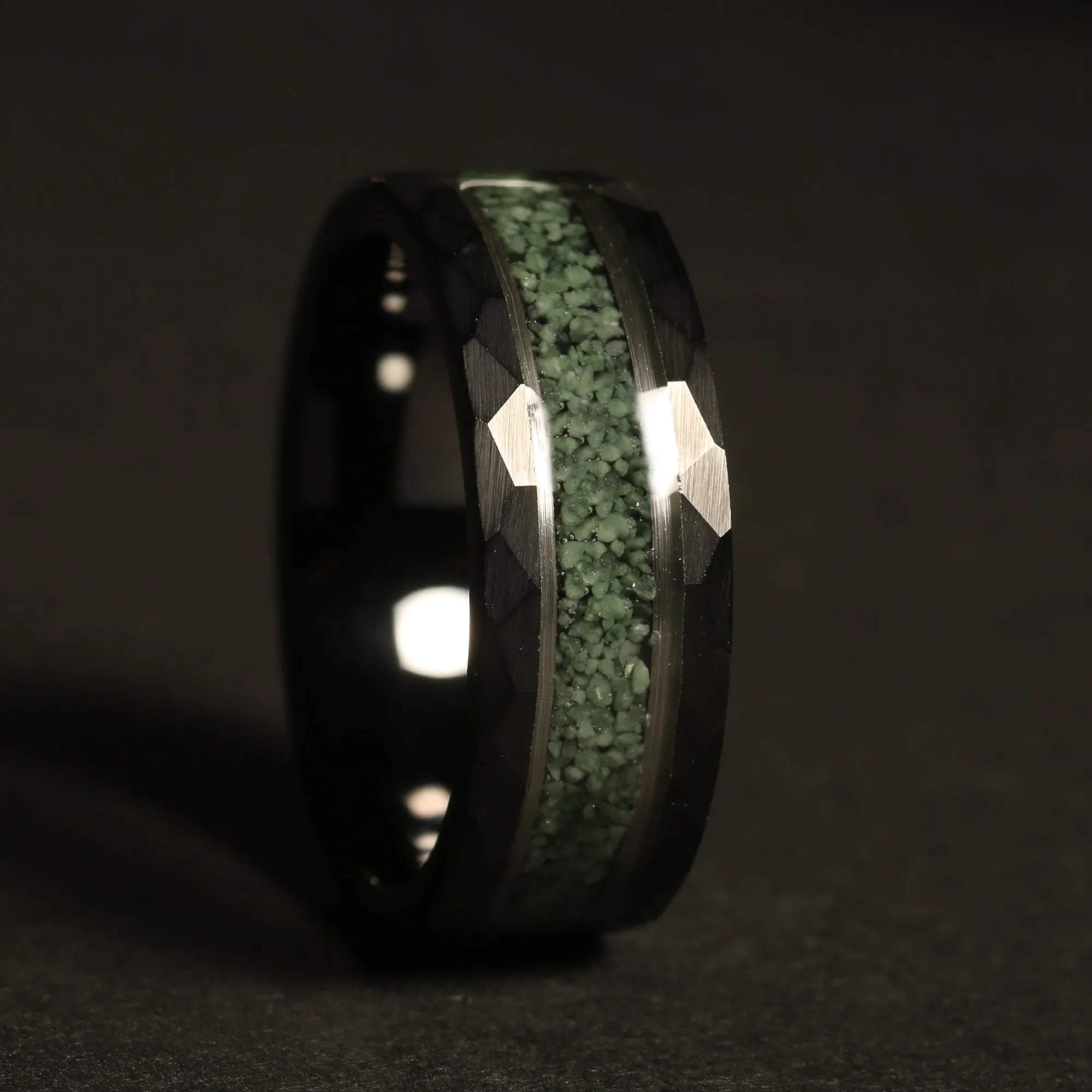 "Jasper" Crushed Moss Agate Silver Strip Black Hammered Tungsten Carbide Ring 8mm