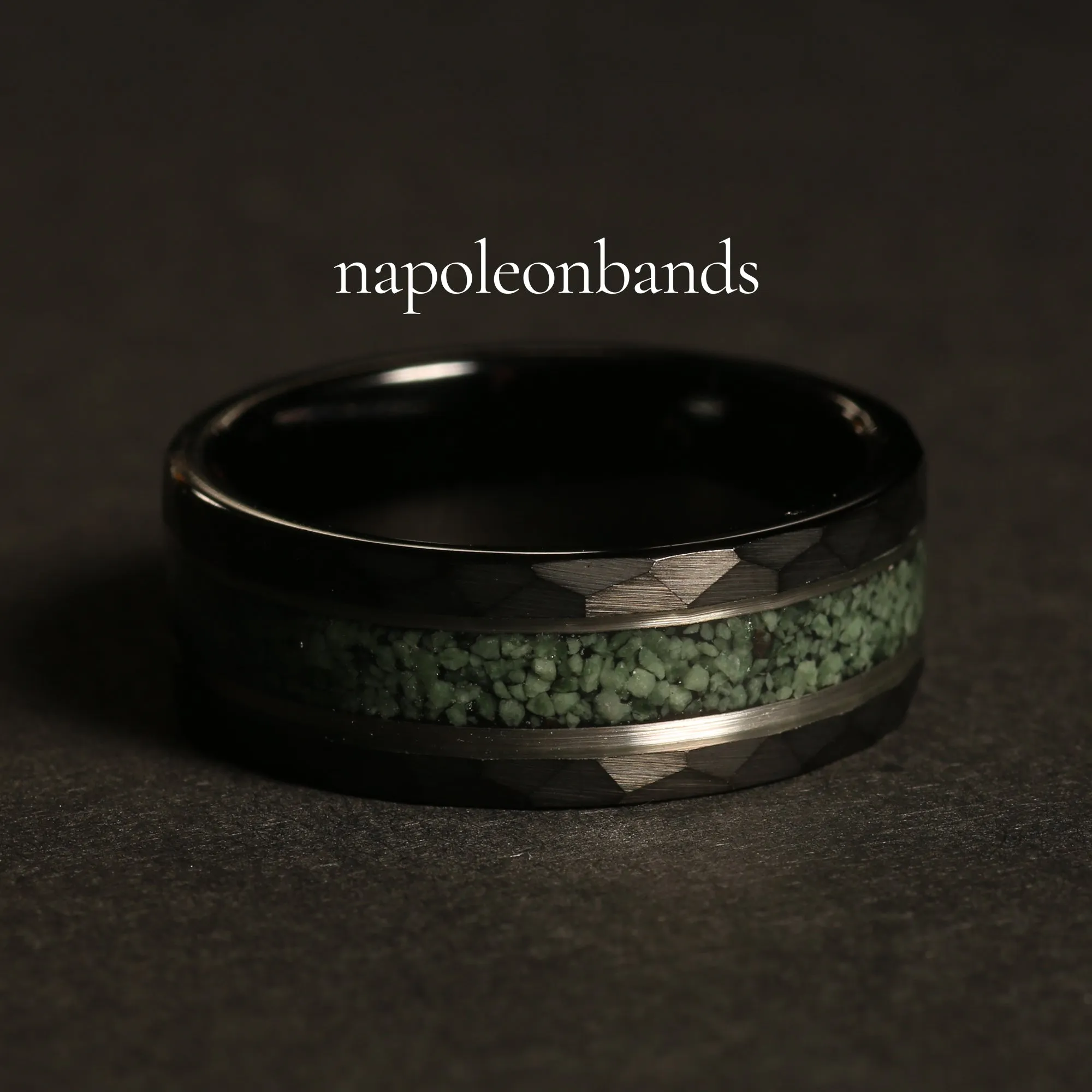 "Jasper" Crushed Moss Agate Silver Strip Black Hammered Tungsten Carbide Ring 8mm