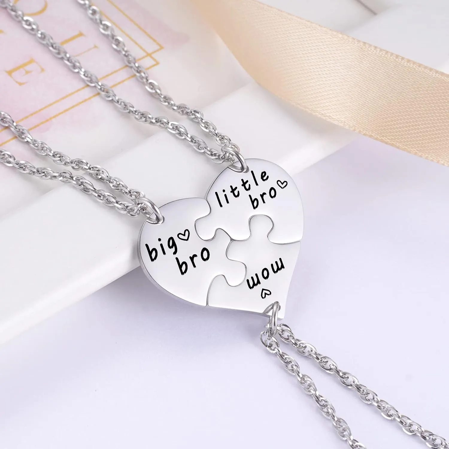 Ralukiia 3PCs Mother and Son Heart Puzzle Piece Necklace Set, Gifts for Mom from Sons, Big Bro Little Bro Family Jewelry