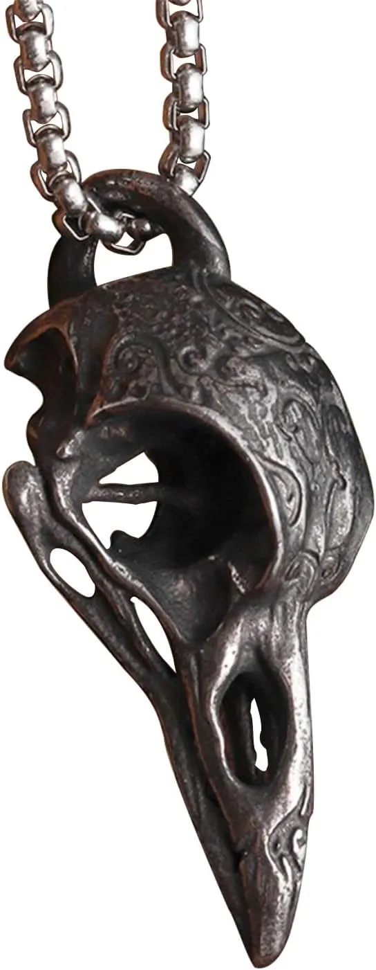 Raven Skull Necklace, Metal Viking Gothic Pendant Jewelry Gifts for Men and Women, Black