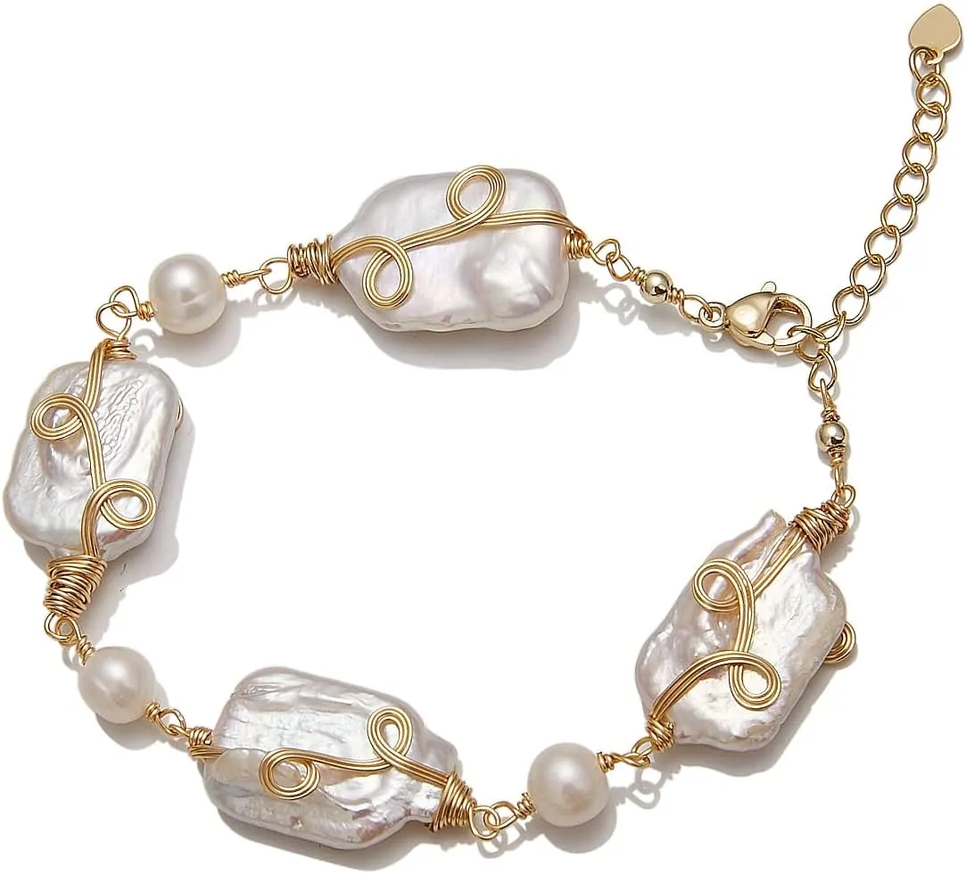 Red Lychee Baroque Pearl Bracelet for Women Bohemia Freshwater Cultured Baroque Pearl Gold Filled Stretch Bracelet Gift for Mother