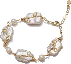 Red Lychee Baroque Pearl Bracelet for Women Bohemia Freshwater Cultured Baroque Pearl Gold Filled Stretch Bracelet Gift for Mother