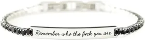 Remember Who The Fuck You Are Bracelet, Motivational Crystal Energy Chain Bracelets Inspirational Stainless Steel Engraved Bracelet For Women Men Jewelry Gift