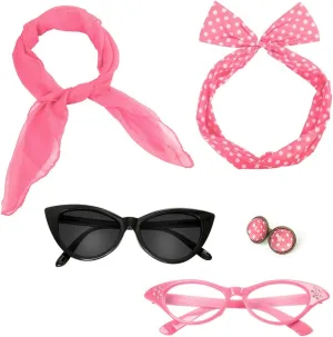 Retro 50's Costume Accessories Set Polka Dot Chiffon Scarf Cat Eye Glasses Bandana Tie Headband & Earrings