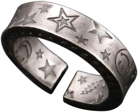 Retro Smiley Cute Face Ring Smile Star Open Adjustable Arrow No War Peace Knuckle Finger Rings for Couple Graffiti Fun Vintage Grunge Goth Punk Rock Biker Birthday Friendship Jewelry