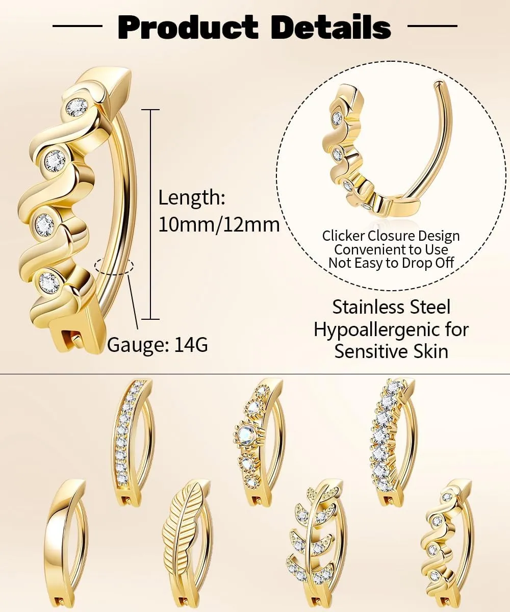 REVOLIA 7Pcs 14G Stainless Steel Clicker Belly Button Ring for Women Hypoallergenic Clicker Belly Rings Reverse Curved Navel Ring Cubic Zirconia Leaf Belly Barbell Piercing 10/12MM