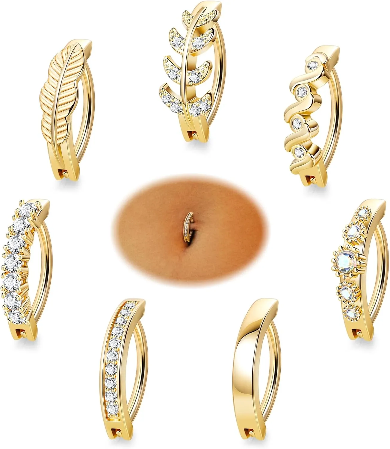 REVOLIA 7Pcs 14G Stainless Steel Clicker Belly Button Ring for Women Hypoallergenic Clicker Belly Rings Reverse Curved Navel Ring Cubic Zirconia Leaf Belly Barbell Piercing 10/12MM