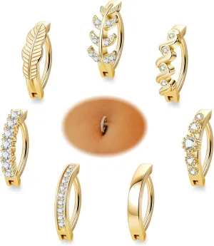 REVOLIA 7Pcs 14G Stainless Steel Clicker Belly Button Ring for Women Hypoallergenic Clicker Belly Rings Reverse Curved Navel Ring Cubic Zirconia Leaf Belly Barbell Piercing 10/12MM