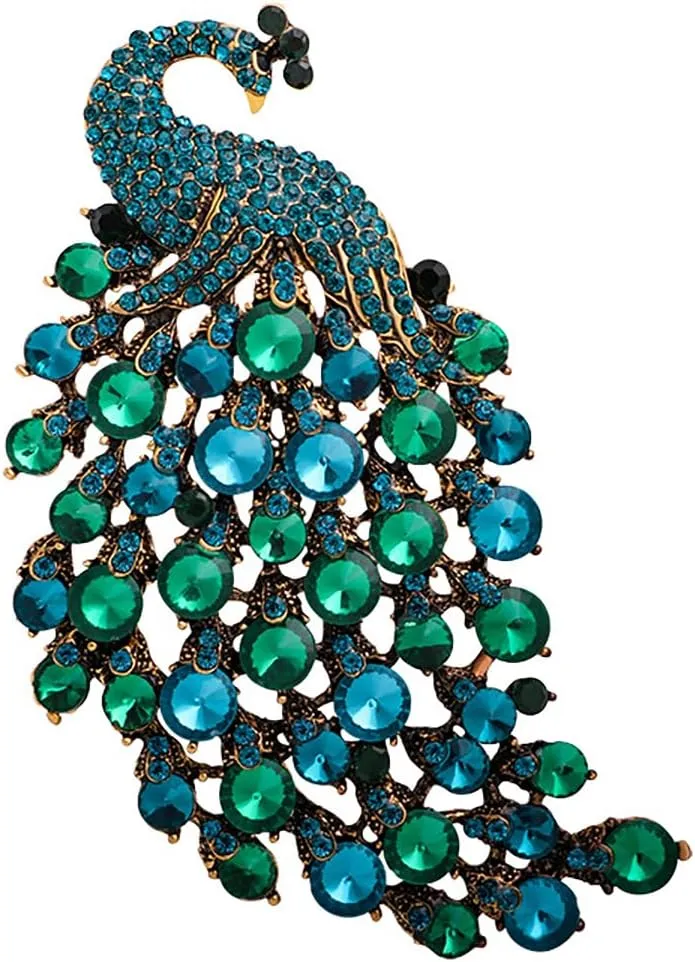 Rhinestone Peacock Brooch Pin Sparkling Big Peacock Brooch Pin Lapel Pins Vintage Red Blue Green Crystal Peacock Brooch Animal Brooches Elegant Hat Bag Dress Pin Jewelry for Women