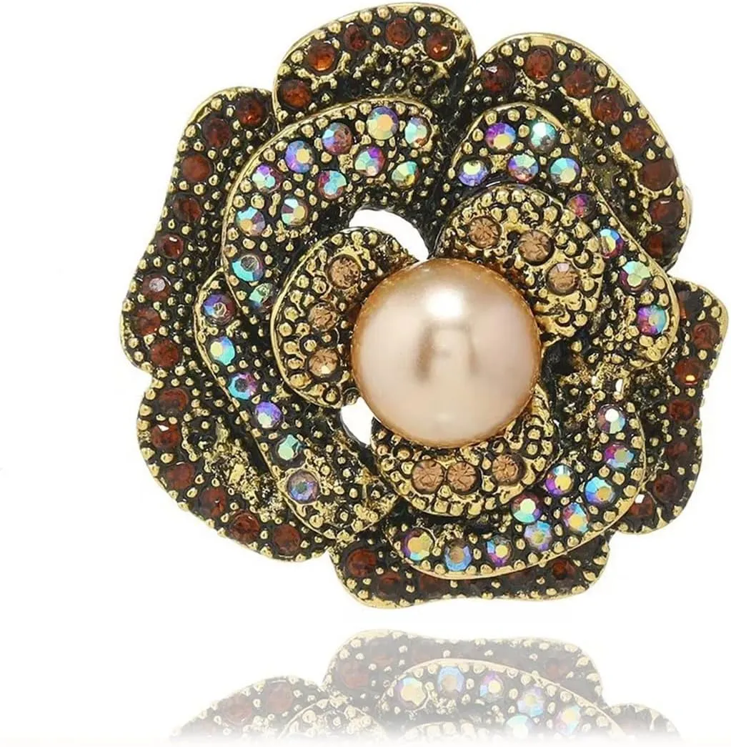 Rhinestone Pearl Peony Flower Brooch Pin for Women Silver Gold Plated Exaggerated AB Crystal Brooches Lapel Pins Floral Dress Accessories Decor Dainty Jewelry