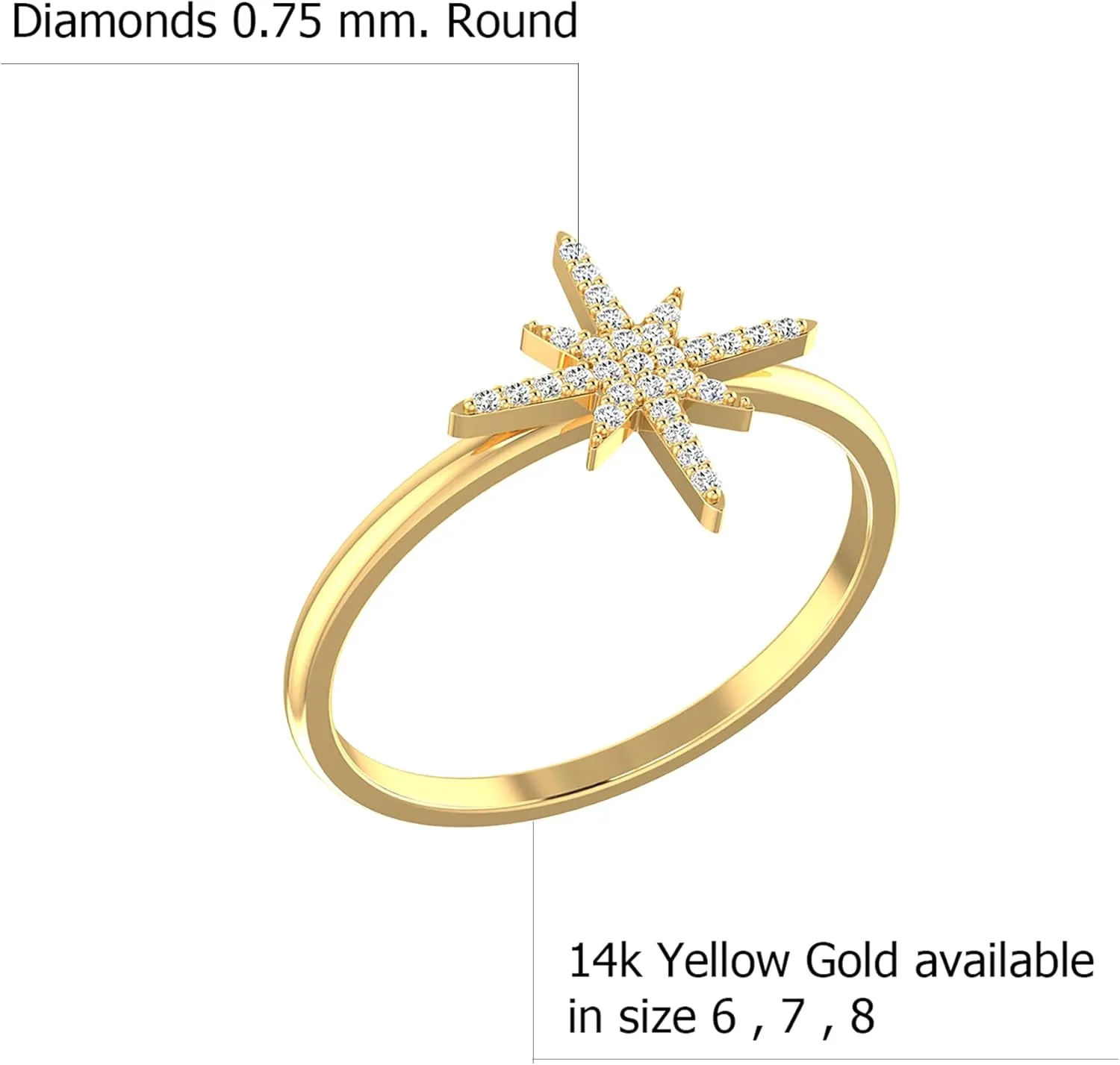 Ring 14k Solid Yellow Gold Star Burst Ring with Natural 0.058 carats Sparkling 0.75mm White Diamonds Round Shaped in Prong Setting Ideal Gift for Women Girl