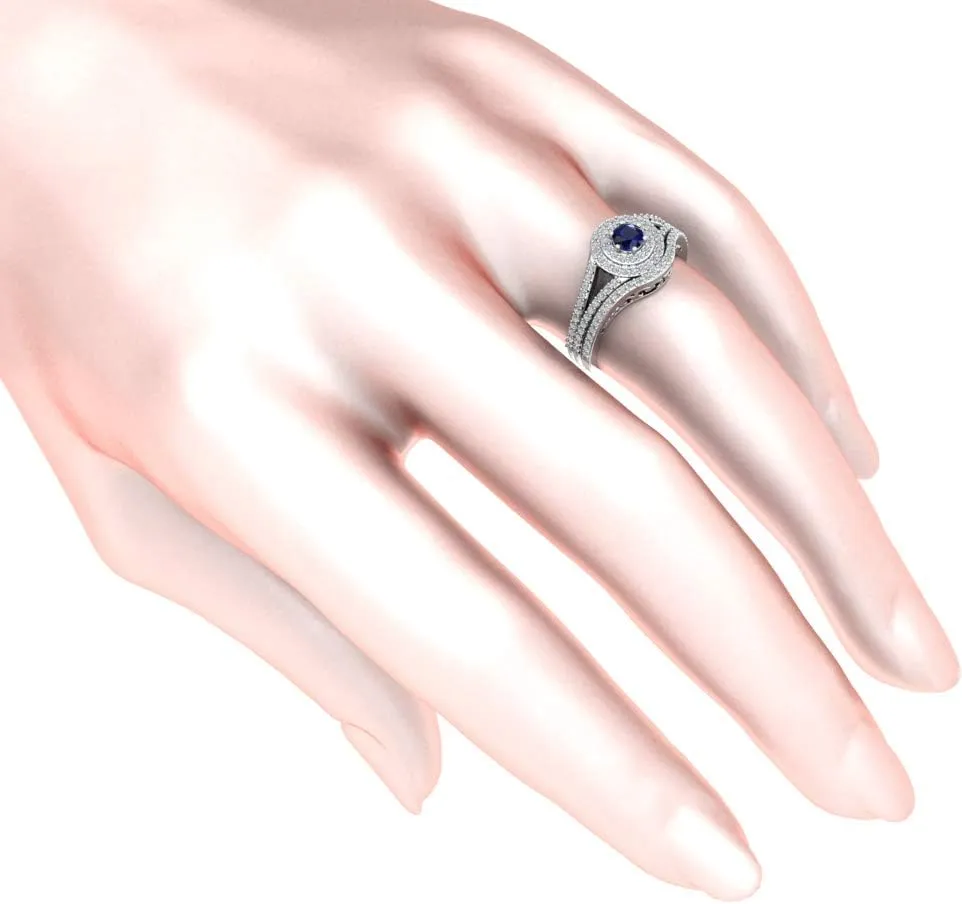 Ring 925 Sterling Silver Platinum Plated Elegant Round Shape Cut 0.5Carats Cubic Zirconia Solitaire 4mm Created Blue Sapphire Gemstone Engagement Wedding Layered Band Jewelry Accessory