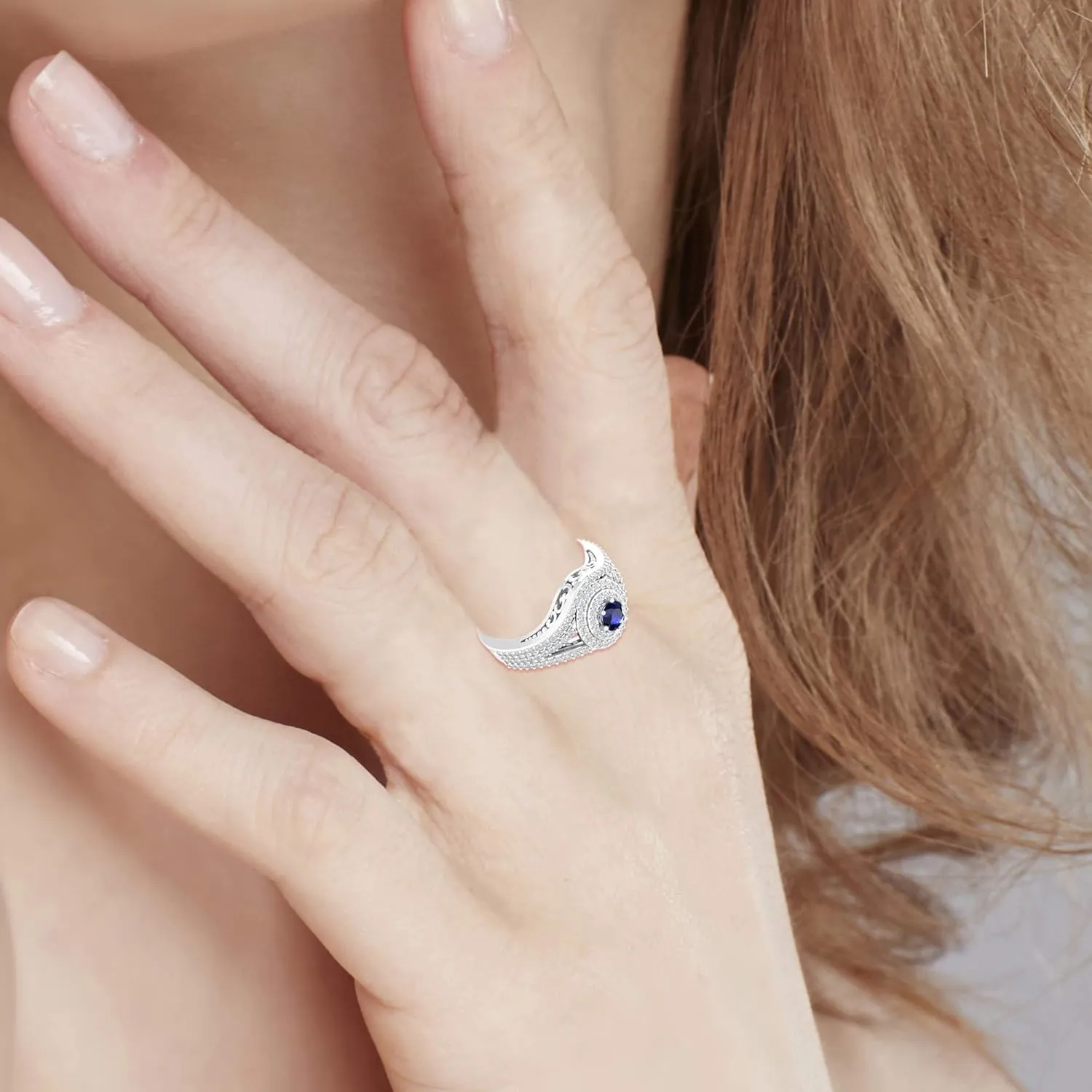 Ring 925 Sterling Silver Platinum Plated Elegant Round Shape Cut 0.5Carats Cubic Zirconia Solitaire 4mm Created Blue Sapphire Gemstone Engagement Wedding Layered Band Jewelry Accessory